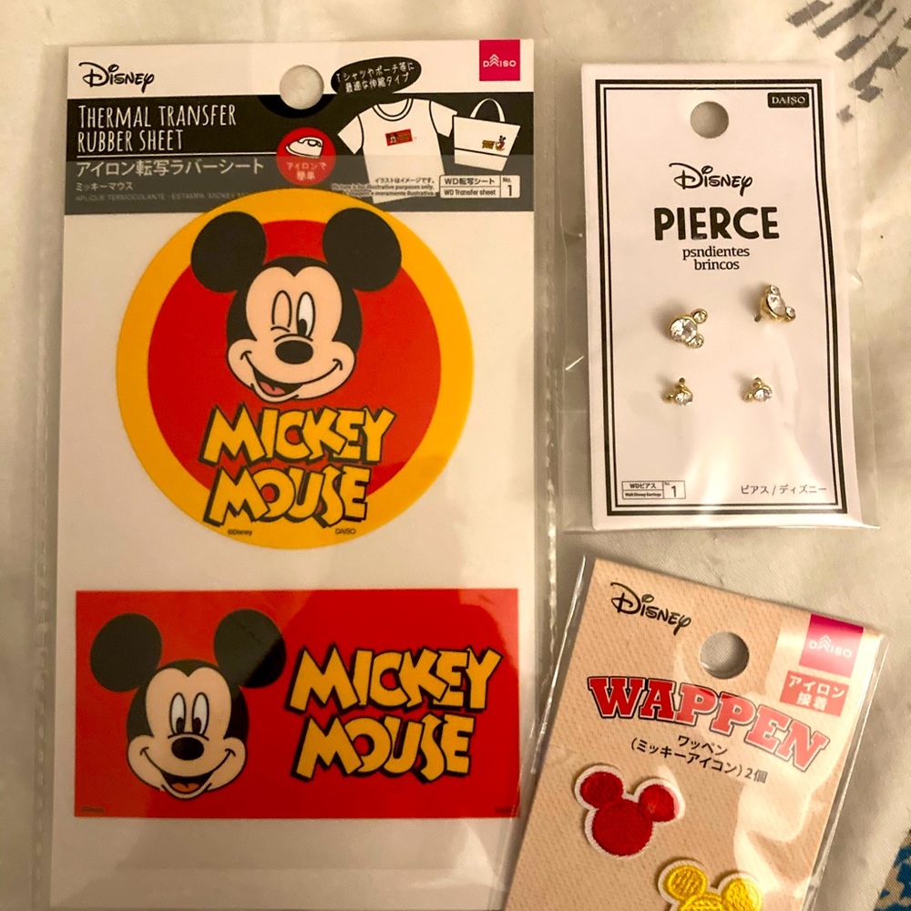 Disney earrings, patch and transfer stickers